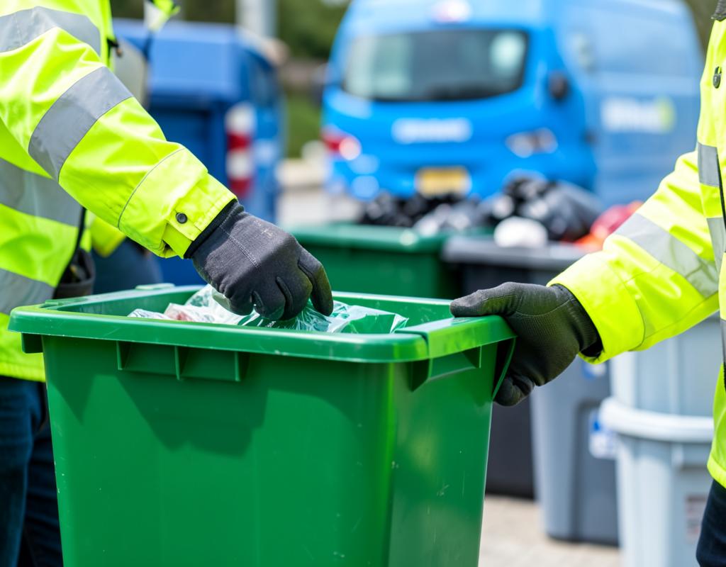 Waste collection workers handling a green recycling bin